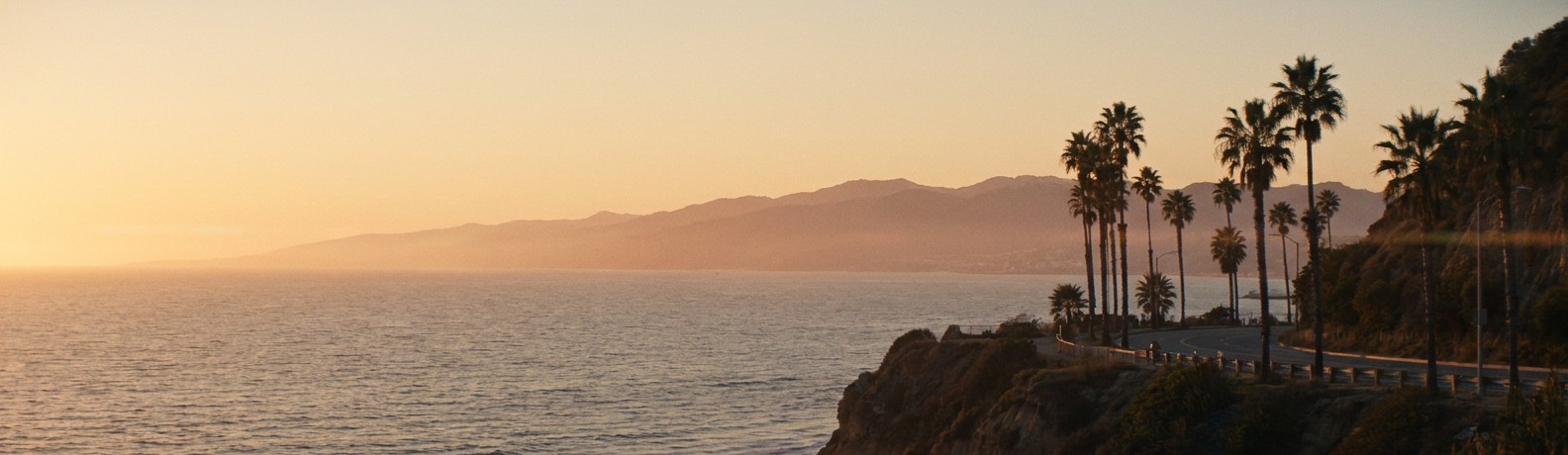 The Los Angeles coastline seen from the hillside at golden hour, Pacific shoreline curving toward Santa Monica