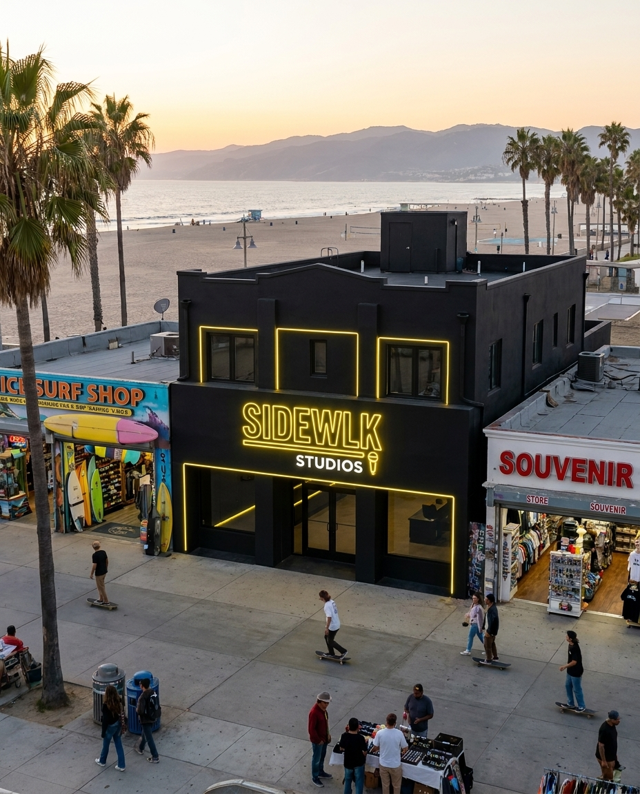 Sidewlk Studios storefront in Venice Beach, matte black building with yellow neon signage, ocean and Santa Monica mountains in background