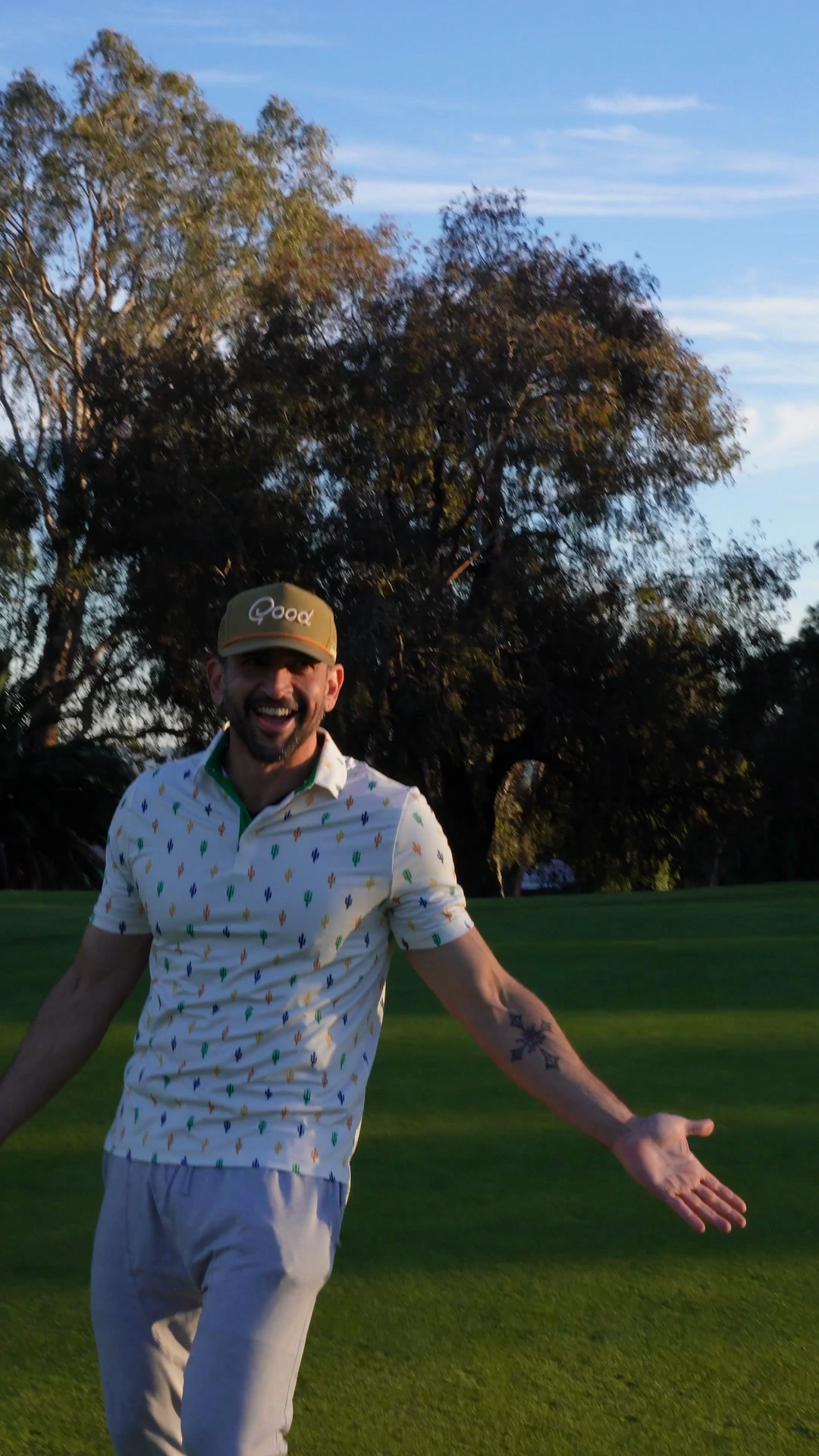 Good Good Golf 9:16 cutdown poster frame — golfer interviewed on camera about the apparel