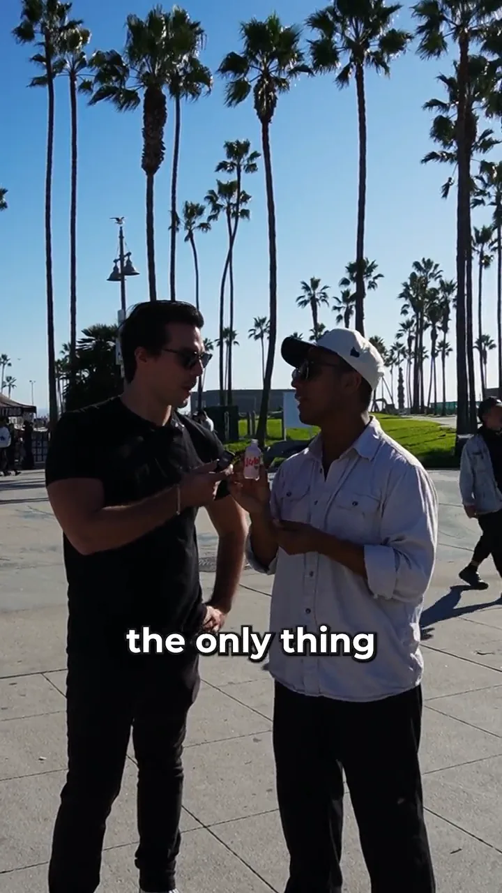 Still from the Jubi street-interview ad — a stranger reacting to the product on a Los Angeles sidewalk
